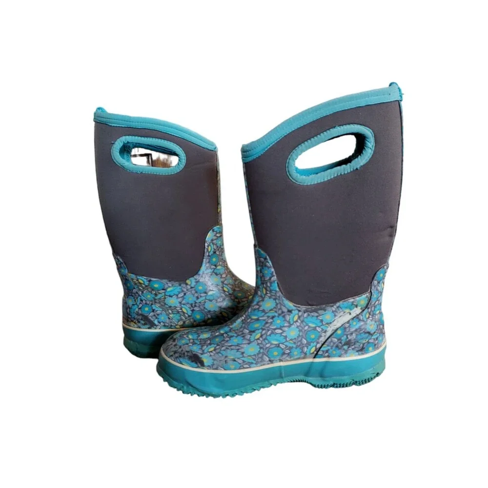 BOGS Youth Classic Floral Boots Kids Youth Size 2 Teal Insulated Waterproof Boot